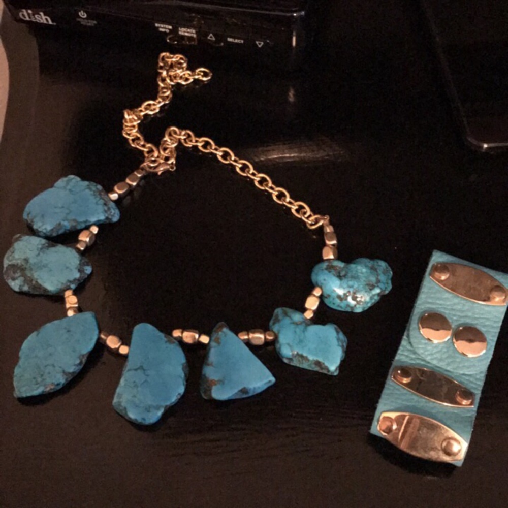 Turquoise necklace, bracelet, and earrings